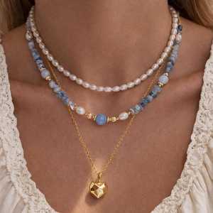 Aquamarine Beaded <b>Necklace</b> With Freshwater Pearl 22K Gold Plated Layered Blue Gemstone Minimalist <b>Necklace</b> - Product Image 2
