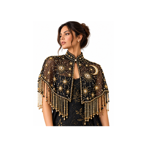 Capes noires transparentes perlées avec détails de pompons et broderie croissant de lune, col montant, tenue traditionnelle modeste pour femmes musulmanes - Product Image 1