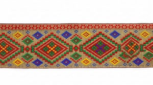 Ruban jacquard géométrique ethnique tissé avec bordure métallique dorée rouge vert bleu jaune - Product Image 5