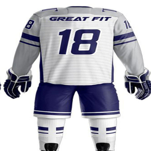 Ensemble d'uniformes de hockey pour hommes, coupe ajustée, blanc et bleu marine, impression par sublimation, polyester respirant, taille adulte, service OEM - Product Image 2