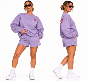 Ensemble survêtement molletonné rose personnalisé pour femme, en polyester/coton, avec short et sweat-shirt à col ras du cou et épaules tombantes, fermeture à cordon de serrage - Product Image 5
