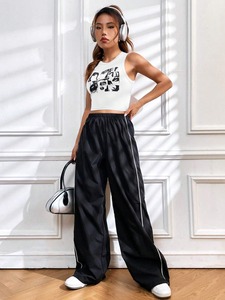 Women's Plus Size <b>White</b> Sleeveless Crop Top with Black Face Print Crew Neck Denim Streetwear Regular Fit Summer Wear Tie-Dye - Product Image 6