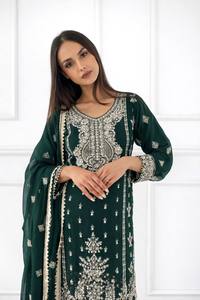 Embellished <b>Green</b> Indian Pakistani Set Chinnon Kurti Sharara Lace Border Dupatta Wedding Party Wear - Product Image 3