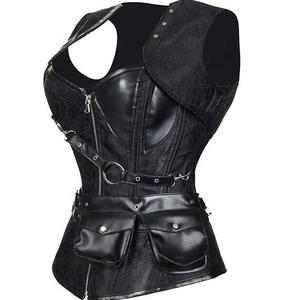 Corsé de cuero PU para mujer con cremallera y bolsillos, faja moldeadora de control firme, negro - Product Image 4
