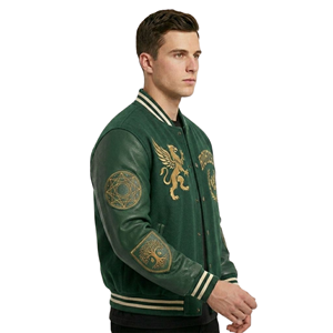 High Quality ODM OEM Customized <b>Men's</b> Green Wool And <b>Leather</b> Varsity <b>Jacket</b> Gold Embroidery Patches Wholesale Streetwear - Product Image 3