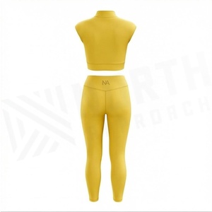 Yellow 2 Piece Yoga Set Sleeveless Crop <b>Top</b> High Waist Full Length Leggings <b>Zipper</b> Front Solid Color Sportswear - Product Image 2