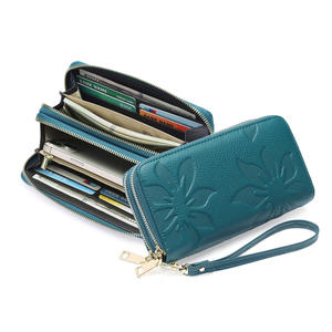 Genuine Leather Double Zipper <b>Wallet</b> Unisex <b>RFID</b> <b>Blocking</b> Large Capacity Long Clutch Letter Embossed Wristlet Purse Polyester - Product Image 6