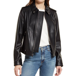 Soft Black <b>Leather</b> Summer Cropped <b>Jacket</b> with <b>Long</b> Sleeves Zipper Closer High Quality Women's <b>Leather</b> <b>Jackets</b> - Product Image 1