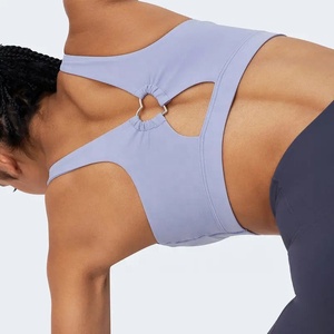 Women's Light <b>Blue</b> Scoop Neck Seamless Sports <b>Bra</b> Medium Support Yoga Top Solid Color Racerback Breathable Spandex Polyester - Product Image 3