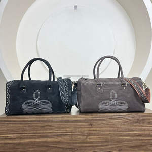 Custom Boot Stitch Suede Leather <b>Travel</b> Duffel Genuine Leather <b>Weekender</b> Overnight <b>Bag</b> Large Capacity Carry on <b>Bags</b> for Unisex - Product Image 4