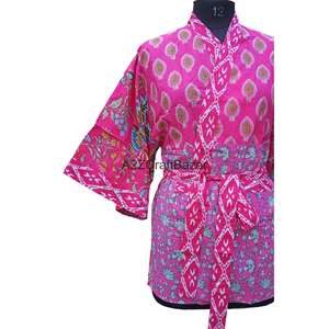 Bata Kimono de Manga Corta para Mujer, 100% Algodón, Estampado Floral, Cuello en V, con Cordón Ajustable, Transpirable, de Secado Rápido, para Vacaciones - Product Image 4