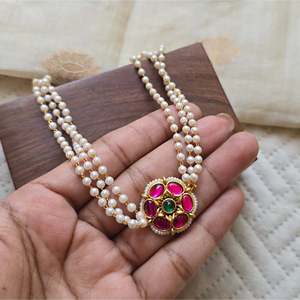 Natural Freshwater Pearl Choker Necklace in 18K Gold and Platinum - Product Image 2