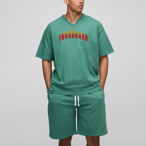 ชุดเสื้อยืดคอวีสีเขียวสำหรับผู้ชาย พิมพ์ลายตัวอักษร สไตล์ลำลอง ผ้าฝ้ายถัก ระบายอากาศได้ดี แขนสั้น เหมาะสำหรับฤดูร้อน - Product Image 1