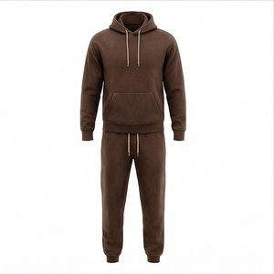 Men's Brown Hooded <b>Tracksuit</b> Full Sleeve Solid Color Casual Wear With Drawstring Closure And Side Pockets - Product Image 1