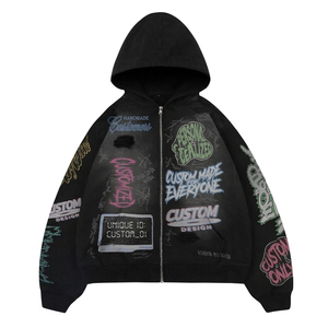 Sudadera con capucha negra extragrande para hombre, estilo streetwear, con cremallera, lavado ácido, con estampado de letras de grafiti personalizado y logotipo personalizado, OEM ODM - Product Image 1