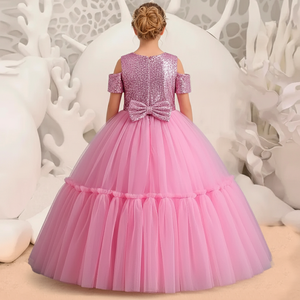 ชุดเดรสยาวสีชมพูประดับเลื่อมระยิบระยับสำหรับเด็ก ชุดราตรีเด็กผู้หญิงหรูหรา ชุดแต่งงานเด็กแบบเปิดไหล่ ขายส่ง - Product Image 2