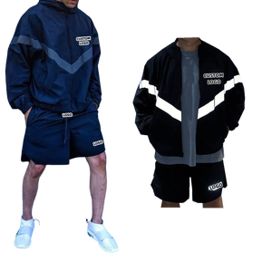 Ensemble deux pièces personnalisé avec logo imprimé réfléchissant, survêtement unisexe en nylon, coupe-vent, ensemble court, survêtement de course en plein air, sweat à capuche zippé - Product Image 1