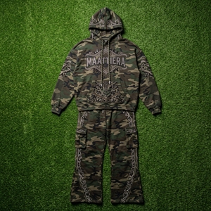 Mens <b>Camouflage</b> <b>Cargo</b> Hoodie Tracksuit Rhinestone Embroidery Wide Leg <b>Pants</b> Custom Streetwear Sportswear Matching Set - Product Image 6