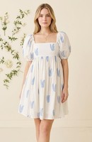 Robe d'été pour femmes 100% coton, imprimé feuilles bleues, manches bouffantes, col carré, mini-robe décontractée, écologique, pour les vacances