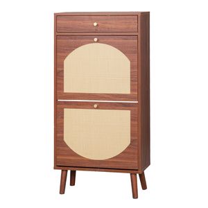 Mobiletto Portascarpe in Rattan con 1 Cassetto e 2 Ante Ribaltabili 54*24*110cm Marrone in Truciolato Soluzione di Stoccaggio - Product Image 3