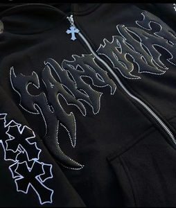 Sudadera con capucha elástica para hombre, de invierno, estilo urbano, con forro polar, patchwork, transpirable, de secado rápido, con lavado ácido, efecto desgastado por el sol y pedrería, con cremallera - Product Image 3