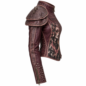 Blouson Biker Femme en Cuir Véritable Bordeaux avec Artwork DJ Personnalisé, Cape à Épaules Superposées et Clous – Fournisseur d'Usine OEM - Product Image 3