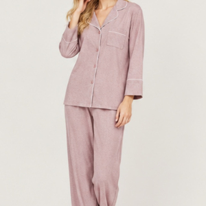 Women's Pink Long Sleeve Satin Pajama Set 100% <b>Silk</b> Full Length Classic Sleepwear with Button Front and Pocket Machine-Washable - Product Image 2