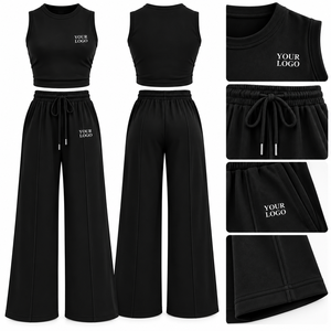Conjunto de dos piezas para mujer con pantalones anchos, top corto sin mangas, conjunto informal a juego, ropa de viaje - Product Image 2