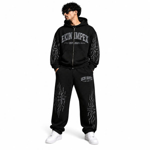 Ekin Impex Custom Streetwear French Terry Digital Print Cropped <b>Distressed</b> AcidWashed Oversized Sweatpants and Zip up Hoodie Set - Product Image 1