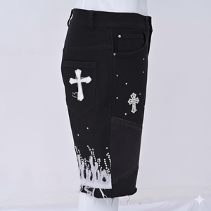 Men’s Black Denim Shorts Rhinestone Cross Design Flame Hem Distressed embriodry logo Streetwear <b>Hip</b> Hop Jean Shorts <b>for</b> women - Product Image 5