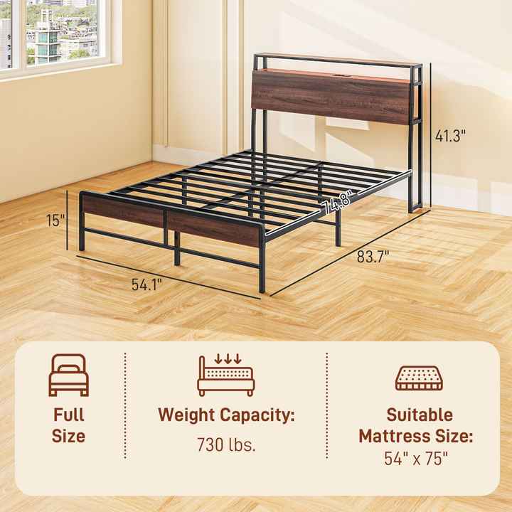 Noise-Free Walnut Full Size Bed Frame with LED Lights & Charging Station Up-Holstered Storage Headboard