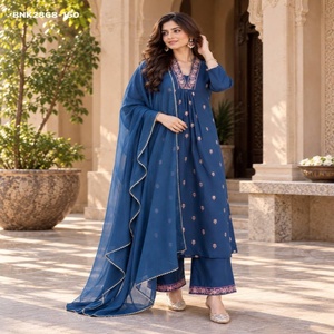 Ensemble Kurti-Plazzo-Dupatta en soie romaine de qualité supérieure avec broderie Butti et travail sur le col, fournisseur mondial - Product Image 1