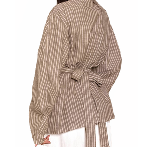 Nueva Chaqueta Blazer Cruzada de Lino y Algodón a Rayas para Mujer, Cuello en V, Botón Único, con Lazo en la Cintura, Casual, Holgada, Oversize, Verano, Venta al por Mayor - Product Image 4