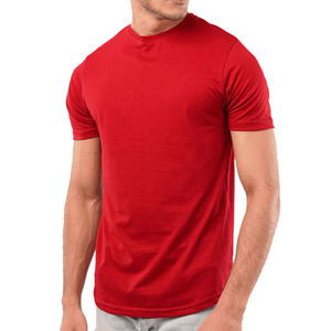 T-shirt pour homme en coton rouge à col rond, manches courtes, coupe classique, décontracté, couleur unie, jersey tricoté, design uni - Product Image 1