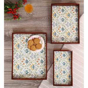 Handmade Wooden <b>Serving</b> Tray <b>Set</b> with Mosaic Tile Print | Decorative Nesting Trays for Home Decor & Kitchen Rustic Ottoman Tray - Product Image 5