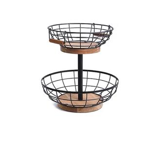 Cesta de Frutas de 2 Niveles, Cesta Metálica con Base de Madera, Almacenamiento de Frutas y Verduras con Soporte para Plátanos, Cesta de Frutas para Cocina - Product Image 1