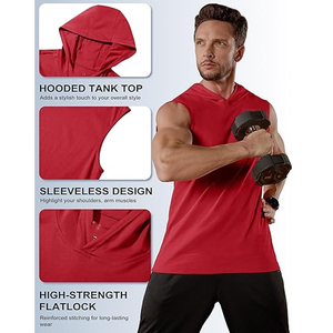<b>Men's</b> <b>Red</b> Hooded Sleeveless Tank Top Quick Dry Sporty Fitness <b>Vest</b> Solid Color Knitted Polyester Workout Apparel - Product Image 2