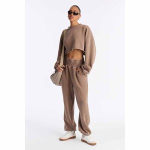 <b>Women's</b> 2 Piece Fleece Hoodie Jogger <b>Set</b> Solid Color Loose Fit Casual All Seasons Knitted Cotton Outfit - Product Image 6