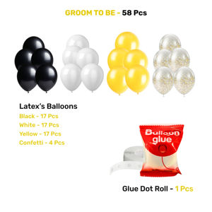 ชุดตกแต่งพรีเมียมสำหรับเจ้าบ่าว |   ลูกโป่งคอนเฟตติสีเหลืองสีดำสีขาว 58 ชิ้นพร้อมจุดกาวและแบนเนอร์ปาร์ตี้ - Product Image 2