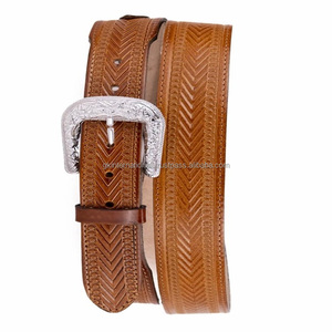 Cinturón de Cuero Estilo Western para Hombre, Diseño Ondulado Premium Color Bronceado, Hebilla Grabada Floral Plateada - Product Image 5