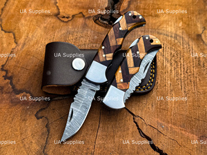 UA Supplies Industrial Grade Hand Forged Damascus Steel Pocket Folding Knife Clip Point Blade Razor Sharp Back <b>Lock</b> 0.5mm - Product Image 5