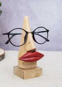 wooden nose shaped eyeglass <b>holder</b> stand quirky face <b>spectacle</b> display stand with red lips and black much - Product Image 2