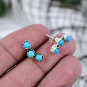 Handmade Vintage Round Shape Turquoise Gemstone 925 Sterling <b>Silver</b> <b>Stud</b> Earring New Arrival Prong Setting Wedding Party - Product Image 1