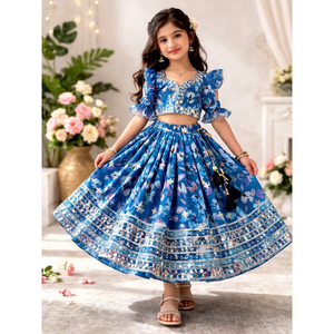 Ensemble Lehenga Choli bleu à fleurs pour filles, tenue de mariage traditionnelle indienne et pakistanaise, coupe ample, longueur midi - Product Image 1