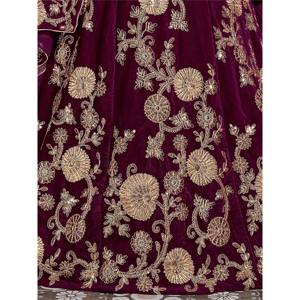 Purple Embroidered Velvet <b>Wedding</b> Lehenga Choli for Bride with Pearls and Sweetheart Neckline - Product Image 2