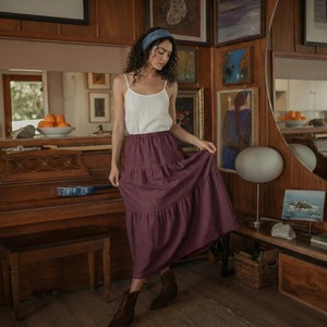 Falda larga de lino con volantes para mujer, cintura alta |   Falda informal de verano con cintura elástica |   Ropa de Mujer Personalizada al por Mayor - Product Image 1