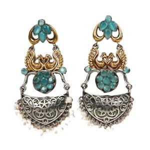 Pendientes Colgantes de Plata Oxidada Bicolor con Flor Bohemia y Piedra Azul Engastada en Bisel para Mujer, Regalo - Product Image 1