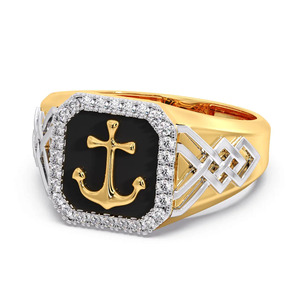<b>Black</b> Enamel Anchor Design Lab Diamond Gold Signet <b>Ring</b> - Product Image 1