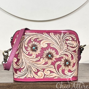 2026 Handcrafted Tooled Genuine Leather Crossbody Handbags Vintage Style Large Capacity Cash Holder Floral Pattern <b>Shoulder</b> Bags - Product Image 1