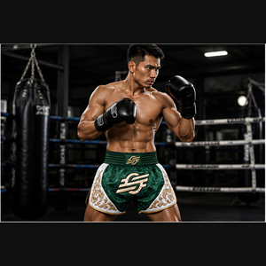 Shorts de MMA vert, blanc et or avec logo imprimé par transfert thermique au dos, unisexe, coupe classique, vêtements de boxe pour adultes, séchage rapide, légers, 100% coton - Product Image 6